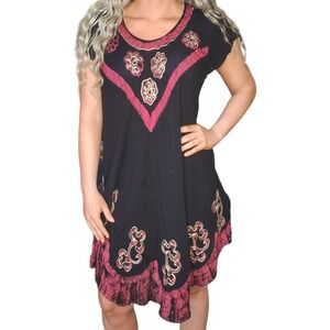 Vintage Embroidered Dress One Size Black Red Tie Dye Fairycore Swim Cover Up
